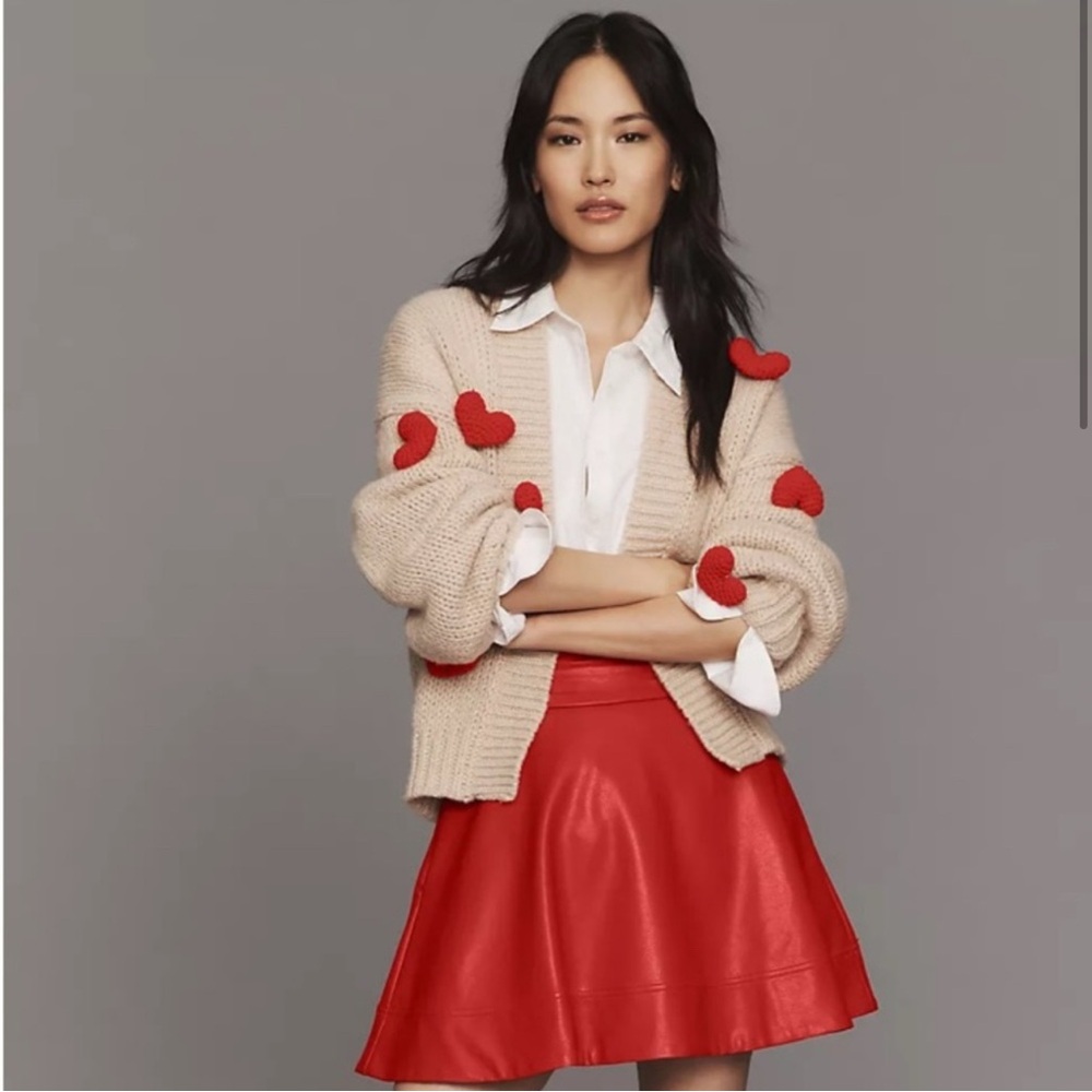 Beige Cardigan with Red Hearts